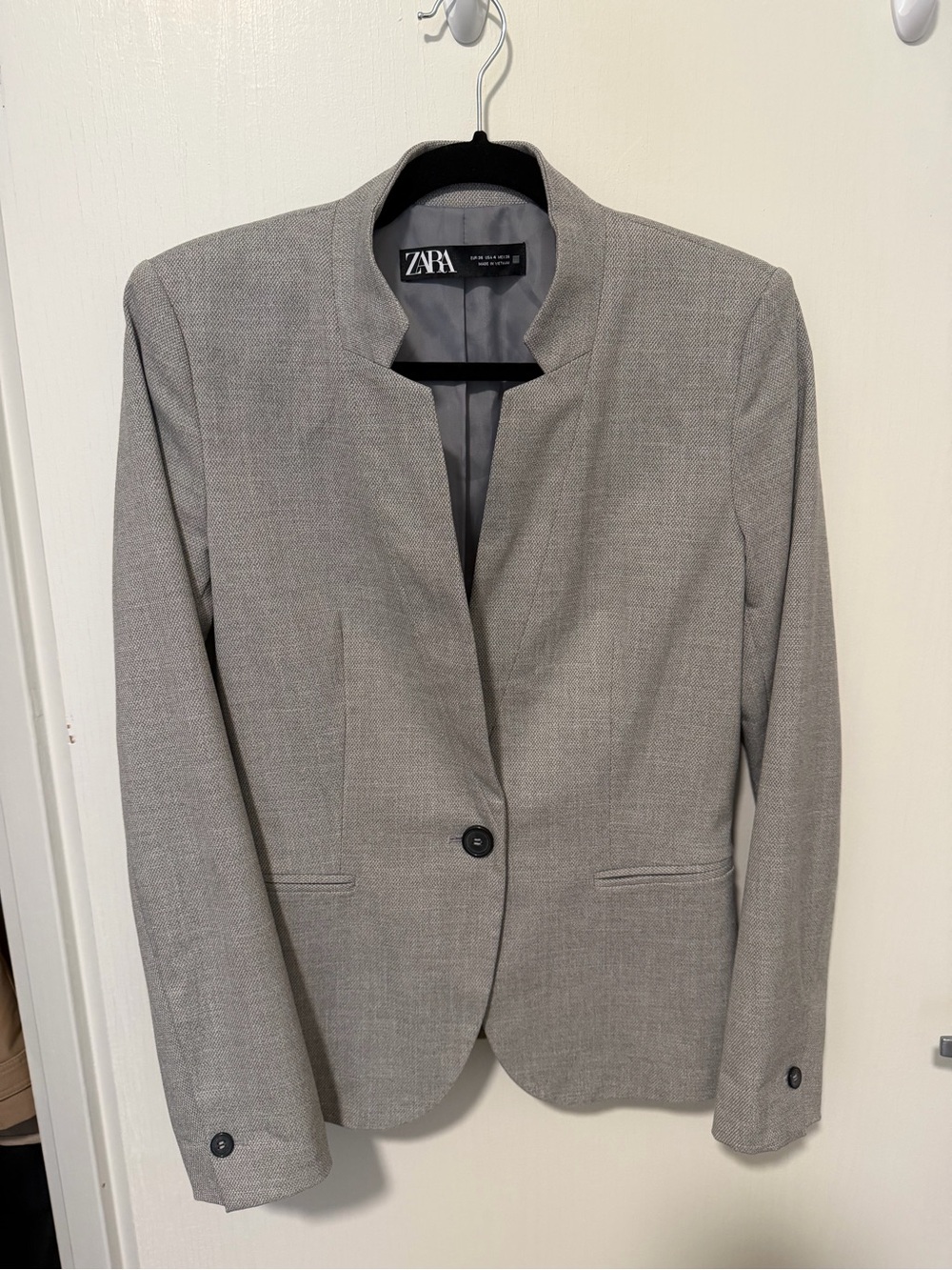 Zara Light Gray Textured Stand-Collar Blazer